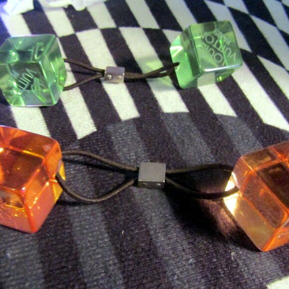 Auth Louis Vuitton Hair Cube Hair Tie Neon Green & Neon Orange Hair Tie with Bag - Picture 10 of 14